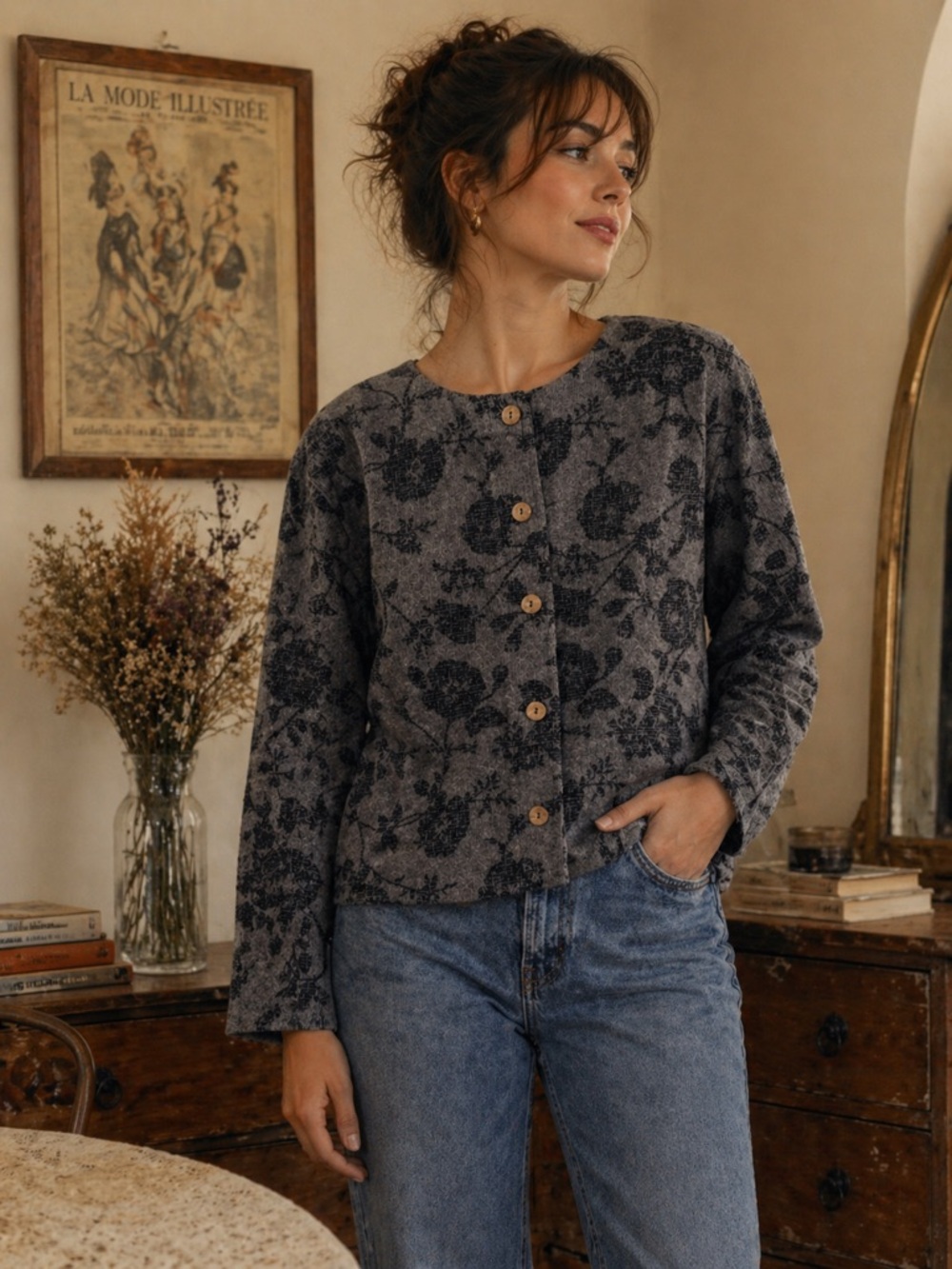 Y2K Fashion Bug Charcoal Floral Button-Front Sweater